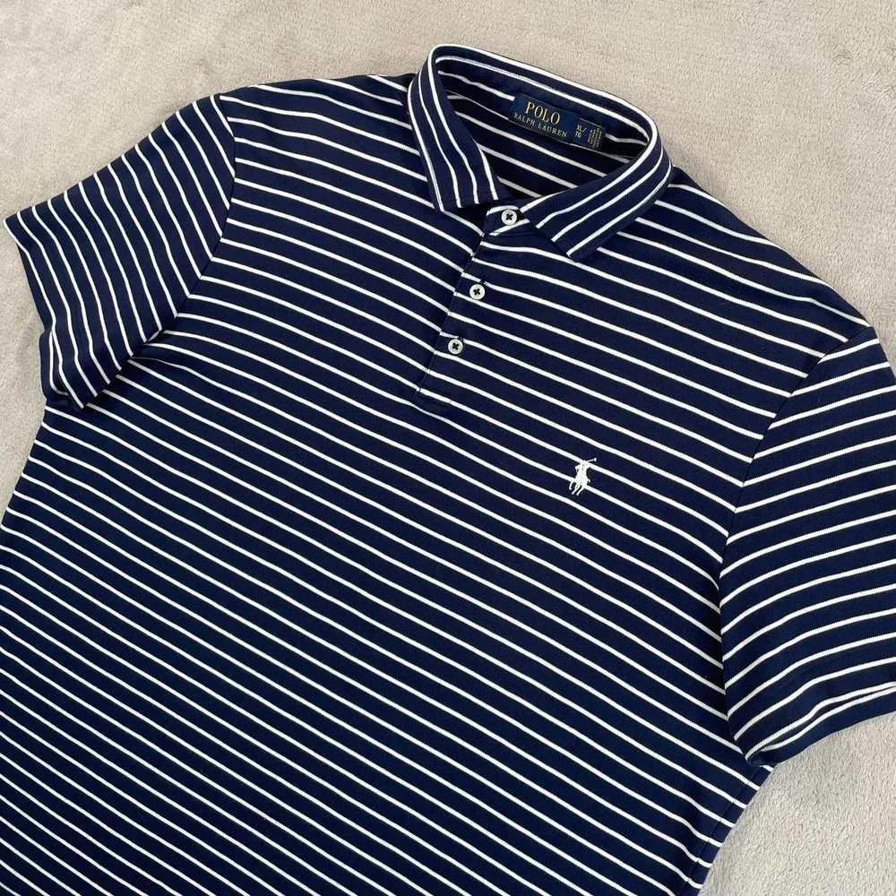 Polo Ralph Lauren Polo Shirt Men XL‎ Navy Blue Striped White Pony Preppy Cotton